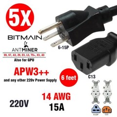 5 x HEAVY DUTY Power Cord 220-250v UL 14 AWG 6-15P (6FT) Works for BITMAIN ANTM