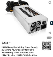 2500W Long-line Mining Power Supply, 2U Mining Power Supply for 8 GPU BTC/ETH Ri
