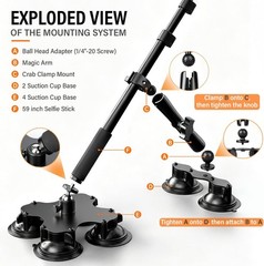 Dual & Quad Suction Cup Car Mount Kit for Insta360 X5 X4 X3, 360 Camera Car Moun
