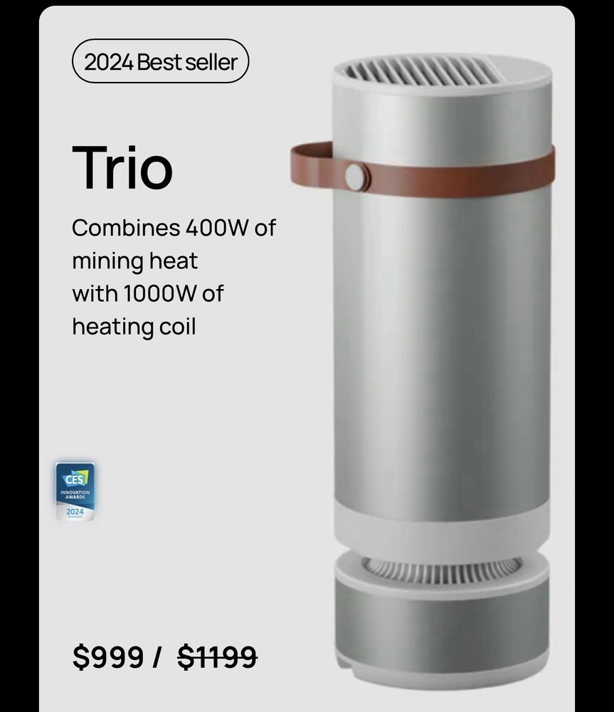 Heatbit Trio Mini Home Space Heater that Mines Bitcoin BTC 10TH/s