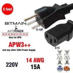 Bitmain APW3++ 3FT 14 AWG NEMA 6-15P to C13 Power Cord Rated up to 15A 250V UL